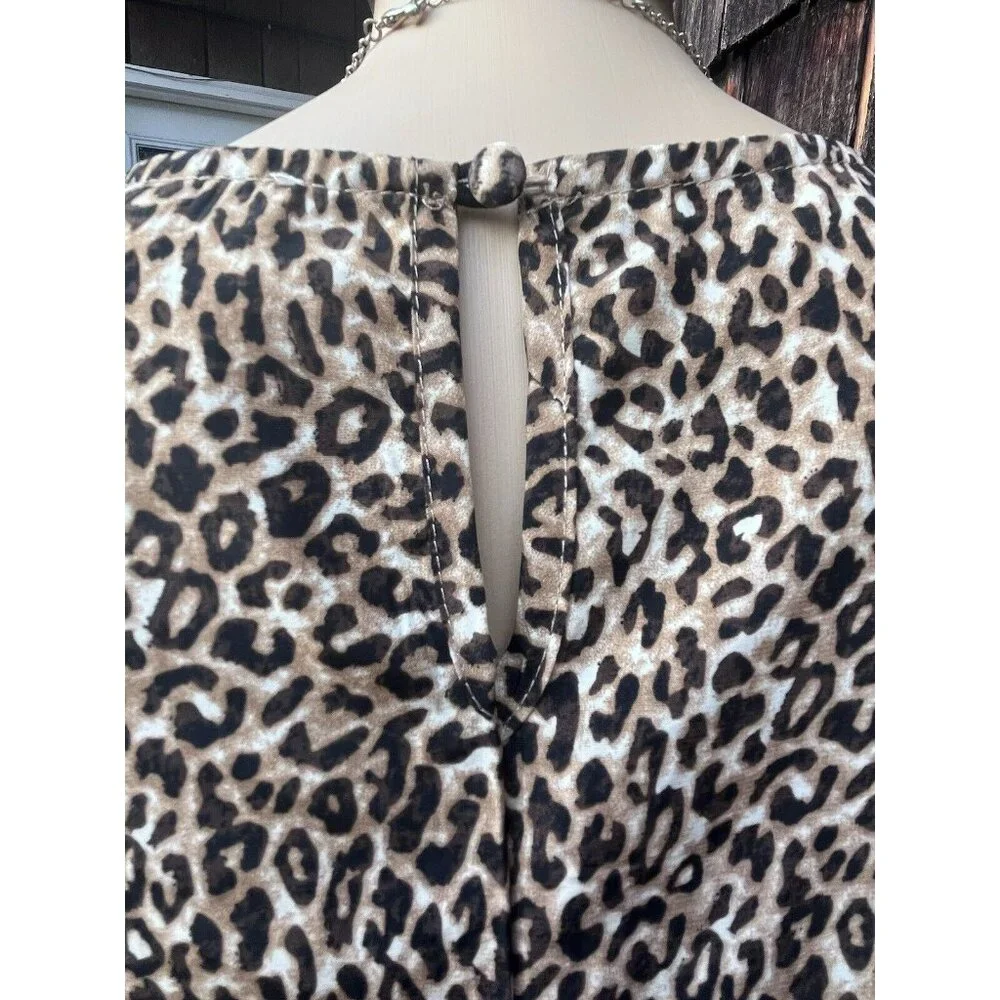 Andree By Unit Size L Shift Dress Leopard Print Puff Tiered Sleeves Ruffle Sheer